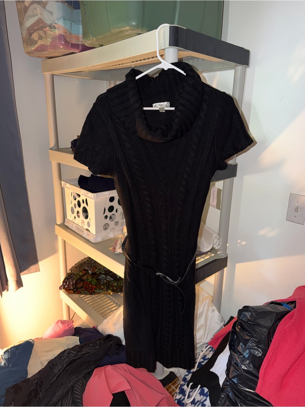Dress Barn Black Cable-Knit Short-Sleeve Sweater Dress with Belt